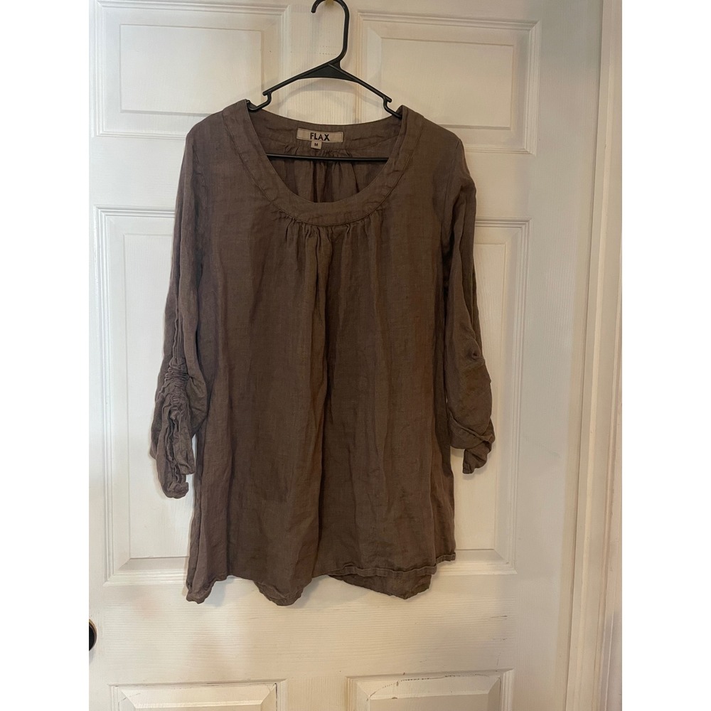 FLAX 100% Linen Tunic Top Brown Scoop Neck Cinched Sleeve Women Medium Lagenlook